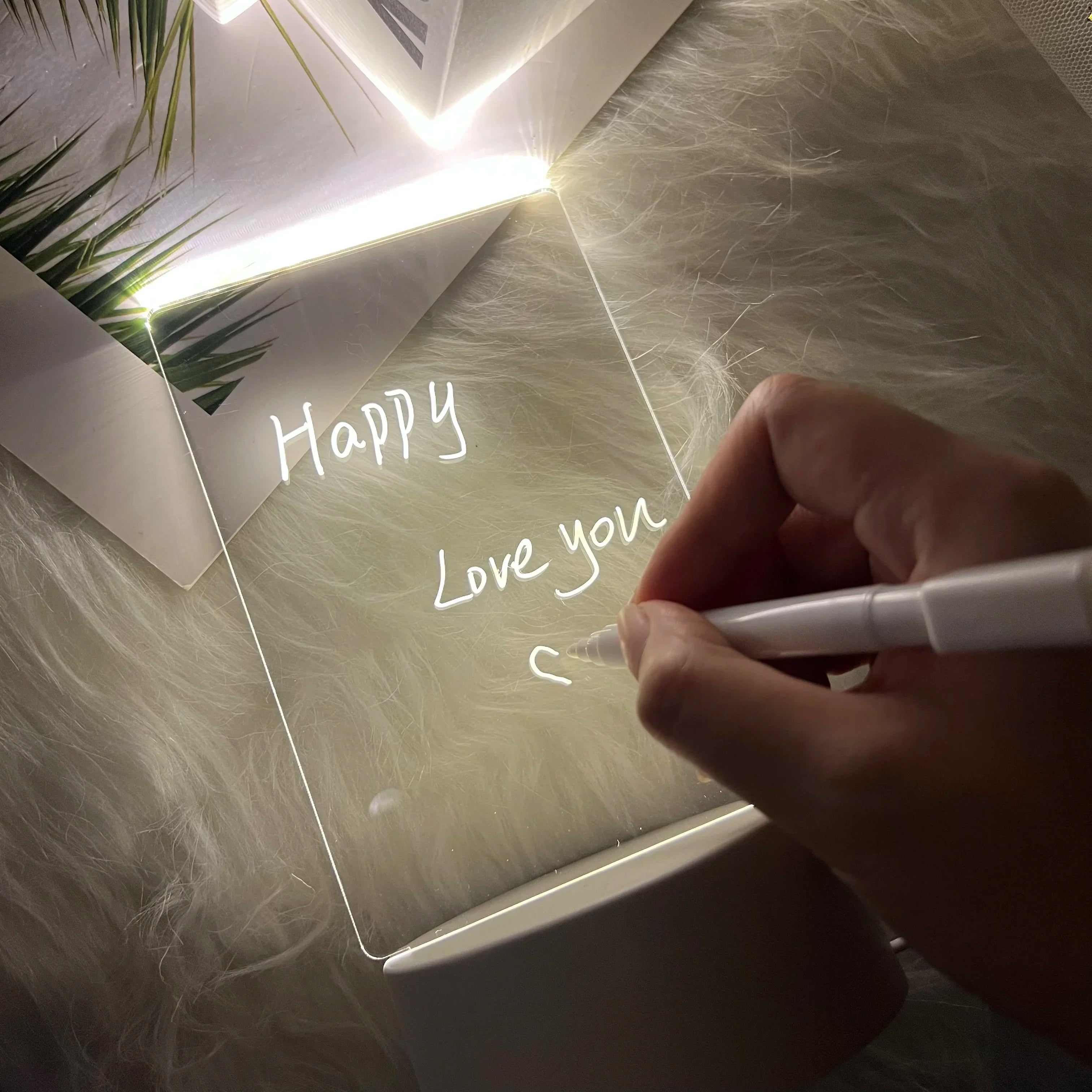 Solid Wood/Abs Luminous Base Acrylic 3D Night Light Ins Creative with Pen Warm LEDDIY Erasable Message Blank Noteboard USB Power