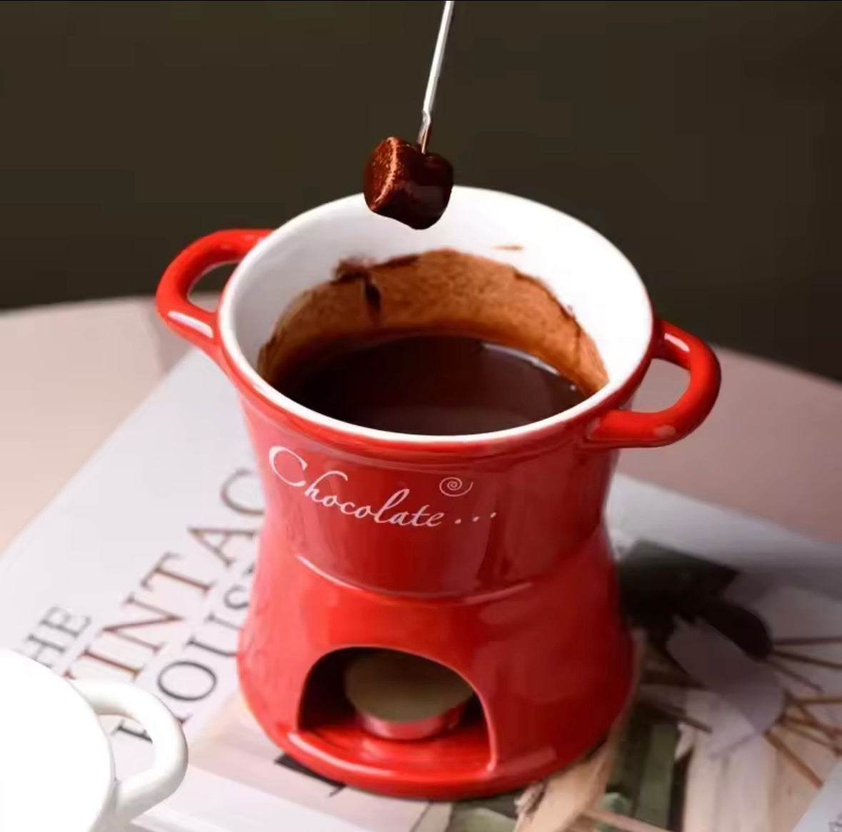 Hot Ceramic Chocolate Chafing Dish Cup with Fork Candle Pot