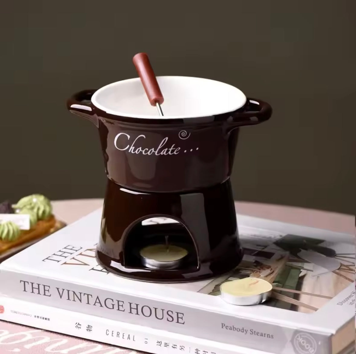 Hot Ceramic Chocolate Chafing Dish Cup with Fork Candle Pot