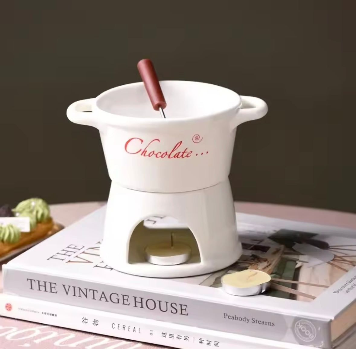 Hot Ceramic Chocolate Chafing Dish Cup with Fork Candle Pot