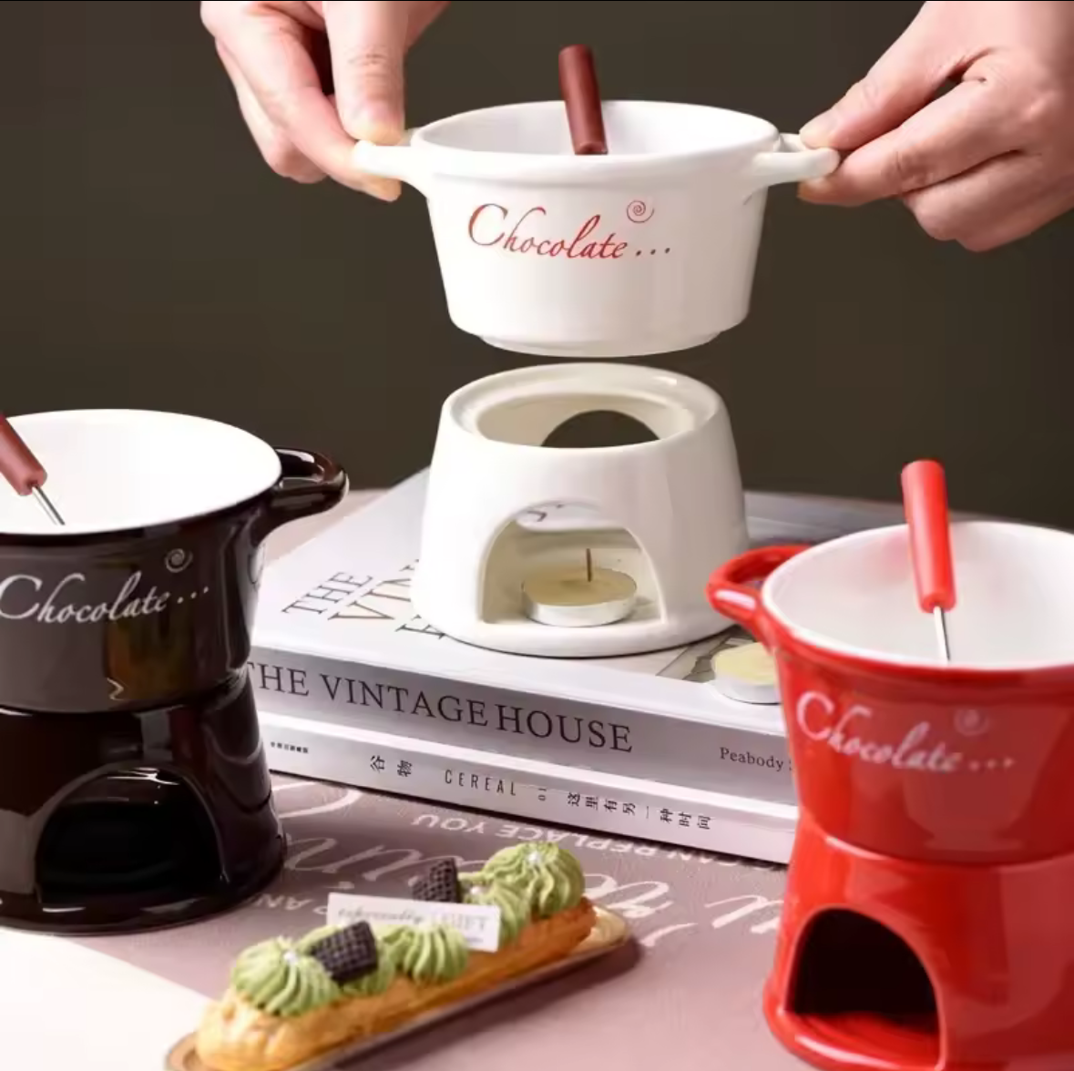 Hot Ceramic Chocolate Chafing Dish Cup with Fork Candle Pot